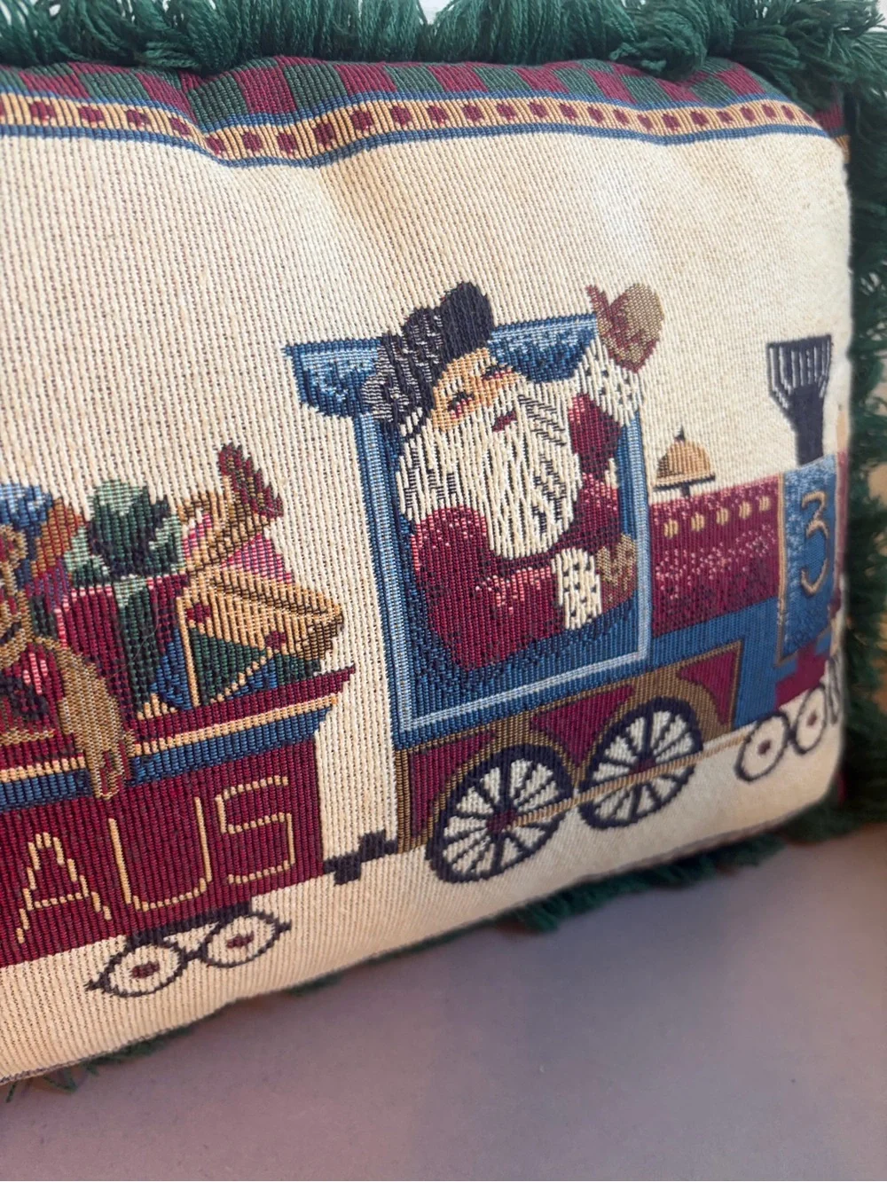 Decorative Santa Train Holiday Pillow - Green Fringe